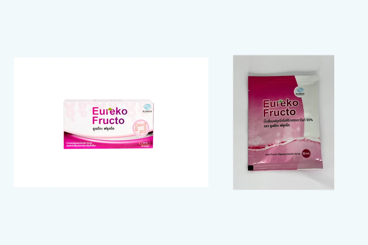 ภาพถ่ายสินค้าจริง กล่อง Eureko Fructo แบบ 30 ซอง และซอง FOS 55% ขนาด 10 มล.