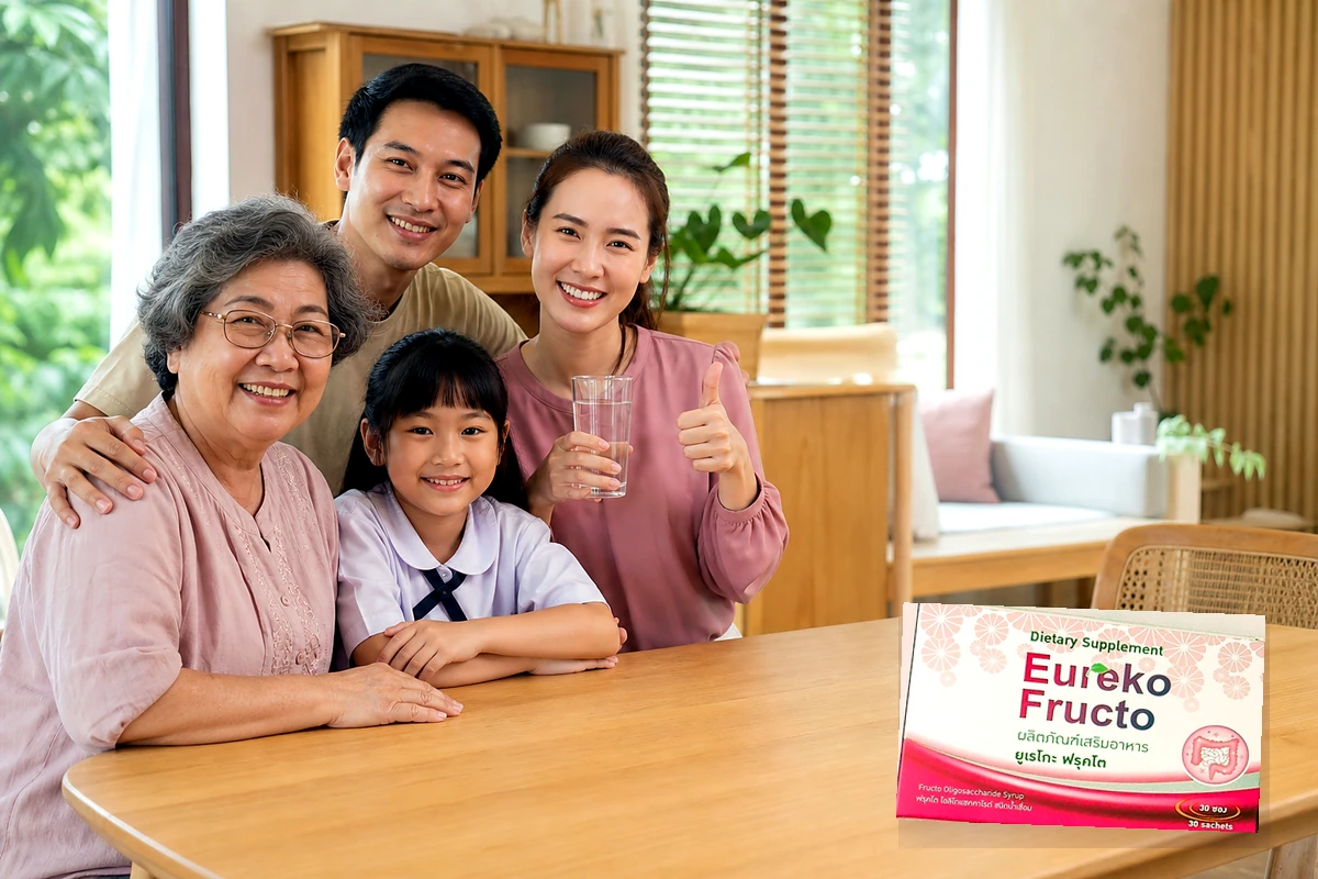 ครอบครัวไทยถือแก้วน้ำและชูนิ้วโป้ง โดยมีกล่อง Eureko Fructo จริงวางบนโต๊ะ