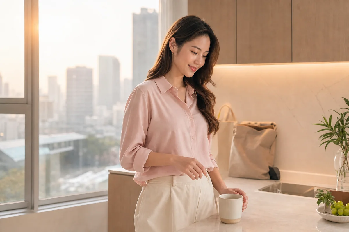 ผู้หญิงไทยเตรียมเครื่องดื่มในครัวที่บ้านเป็น morning routine ก่อนเริ่มวันทำงาน
