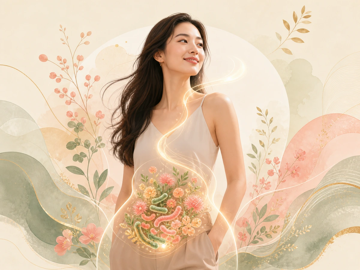 ภาพเชิงสัญลักษณ์แสดงระบบนิเวศจุลินทรีย์ที่สมดุลจากภายในเชื่อมสู่ความมั่นใจของผู้หญิง
