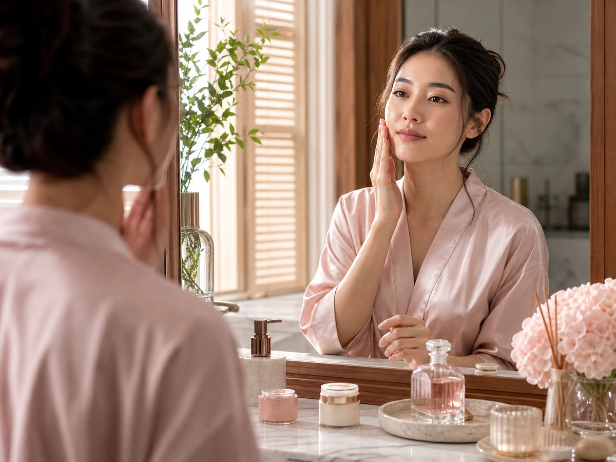 ผู้หญิงไทยดูแลผิวหน้าที่โต๊ะเครื่องแป้งในกิจวัตรยามเช้า